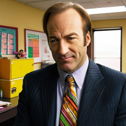 Home 4 **
"Bob Odenkirk as Saul Goodman, in a brightly lit, slightly run-down office. Lots of colorful, somewhat tacky decorations and legal paraphernalia. He should look slightly vulnerable but also have a charming, comedic smirk. Inspired by the show 'Better Call Saul', Albuquerque setting hinted at in the background. Focus on the character's duality."
**