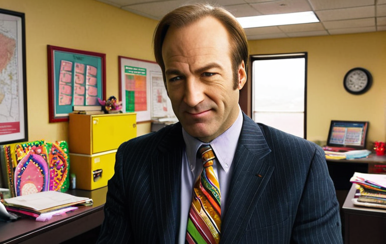 **
"Bob Odenkirk as Saul Goodman, in a brightly lit, slightly run-down office. Lots of colorful, somewhat tacky decorations and legal paraphernalia. He should look slightly vulnerable but also have a charming, comedic smirk. Inspired by the show 'Better Call Saul', Albuquerque setting hinted at in the background. Focus on the character's duality."
**