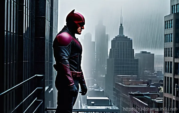 마블 디펜더스 시청 포인트 - **Prompt 1: Daredevil - The Vigilant Guardian of Hell's Kitchen**
"A male figure, Daredevil, sta...