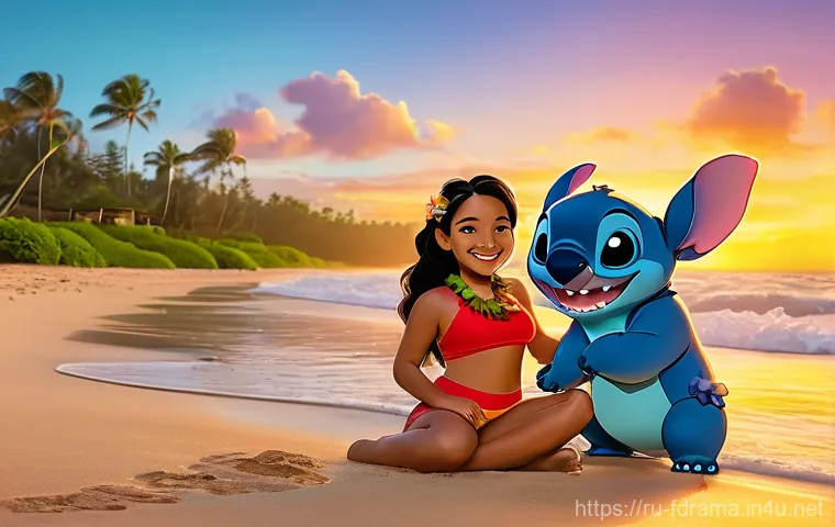 릴로와 스티치 시리즈 시청 팁 - **"Ohana, Family, and Hawaiian Sunset"**
A heartwarming family portrait of Lilo, Stitch, and Nan...