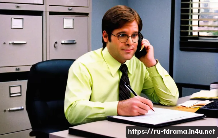 더 오피스 미국판과 영국판 비교 - **Prompt:** "A candid, medium shot of a workplace office setting, reminiscent of 'The Office' (US). ...