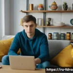 Home 20 블랙리스트 시청 포인트 - A modern, cozy living room with a young Russian man sitting comfortably on a sofa using a laptop to ...