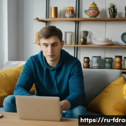Home 32 블랙리스트 시청 포인트 - A modern, cozy living room with a young Russian man sitting comfortably on a sofa using a laptop to ...