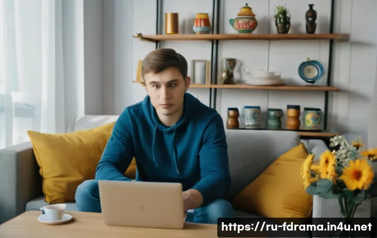 블랙리스트 시청 포인트 - A modern, cozy living room with a young Russian man sitting comfortably on a sofa using a laptop to ...