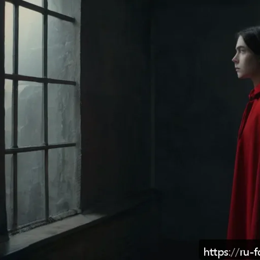 핸드메이즈 테일의 심리적 요소 - A somber, dimly lit interior scene depicting a young woman dressed in modest, plain clothing with a ...