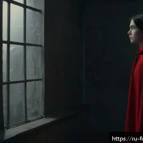 Home 30 핸드메이즈 테일의 심리적 요소 - A somber, dimly lit interior scene depicting a young woman dressed in modest, plain clothing with a ...