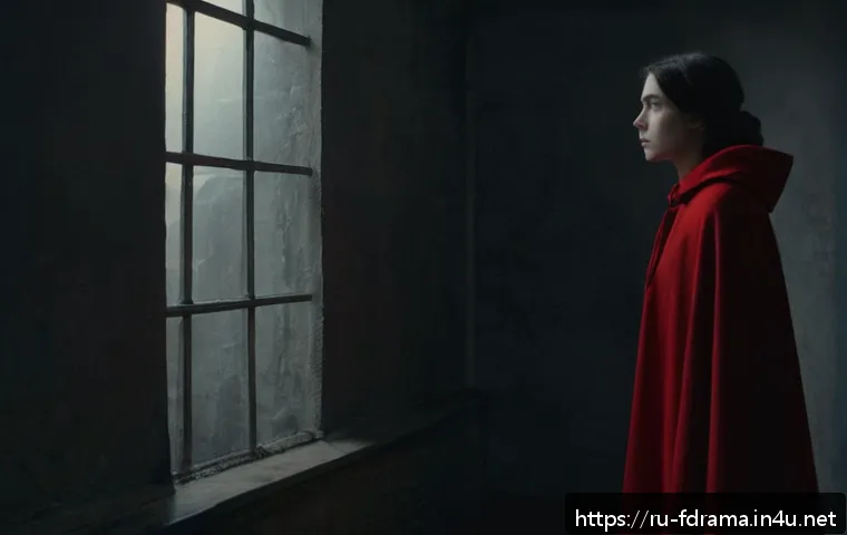 핸드메이즈 테일의 심리적 요소 - A somber, dimly lit interior scene depicting a young woman dressed in modest, plain clothing with a ...
