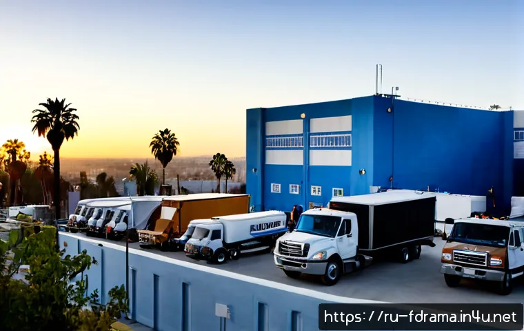 Home 17 빅뱅 이론 촬영지와 세트 정보 - Photorealistic wide exterior of a Los Angeles television studio backlot at golden hour, soundstage b...