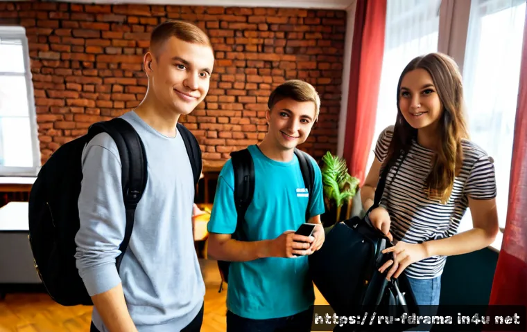호스텔러지스 출연진 분석 - Photorealistic editorial group portrait of a diverse Russian hostel reality-show cast, six young adu...